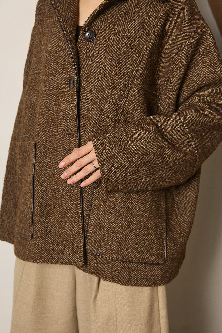 ネップヘリンボーン合皮パイピングカバーオール/ブラウン