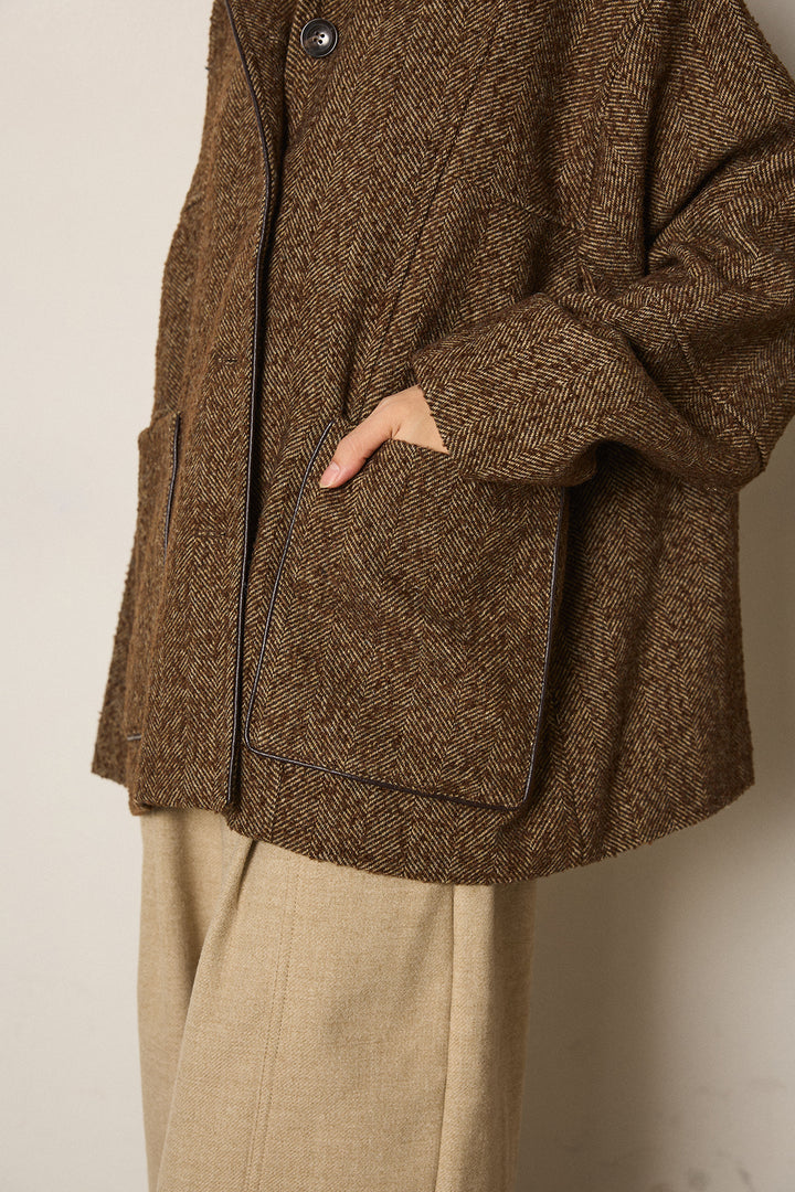 ネップヘリンボーン合皮パイピングカバーオール/ブラウン