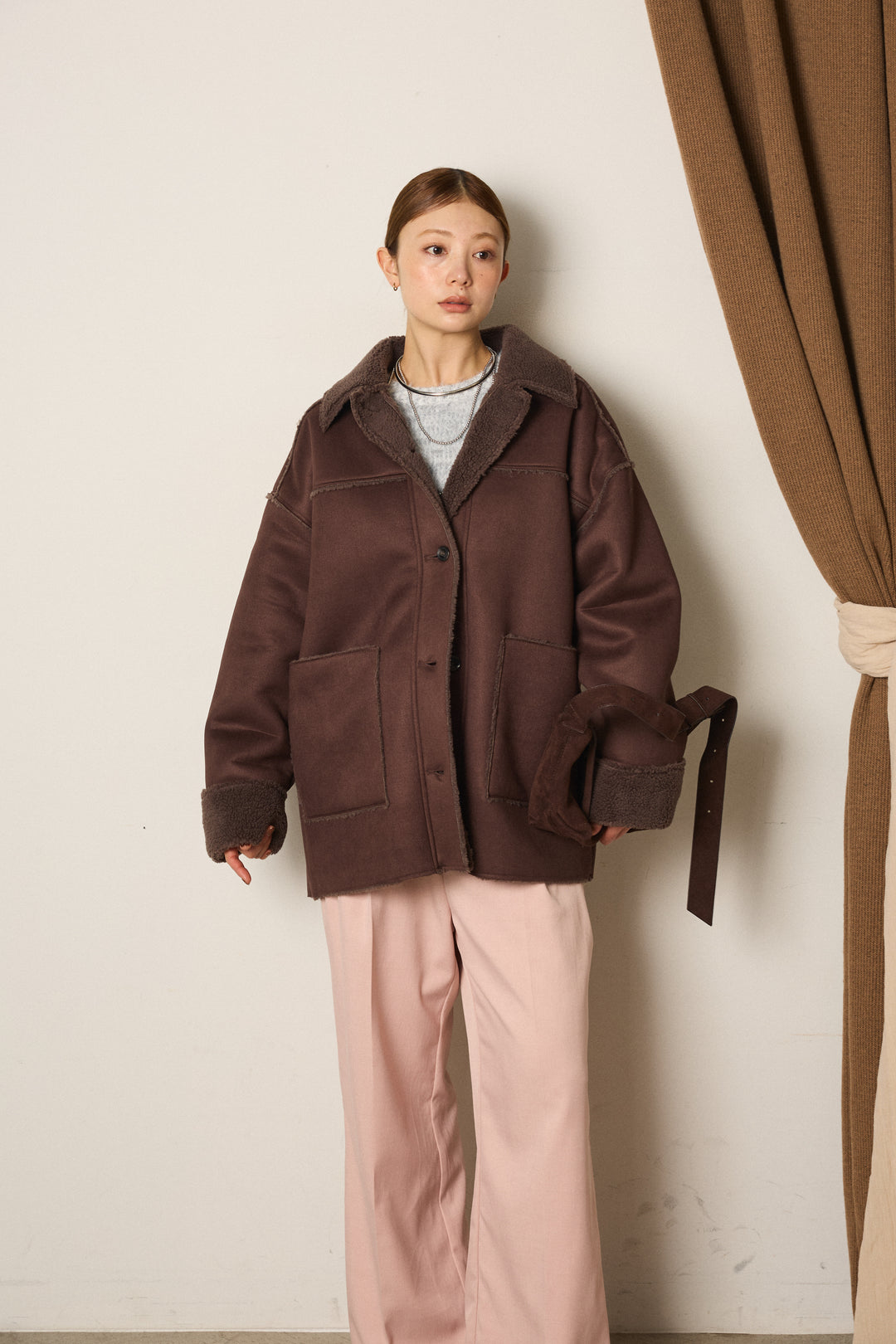 エコムートンミドルカバーオールジャケット/ブラウン