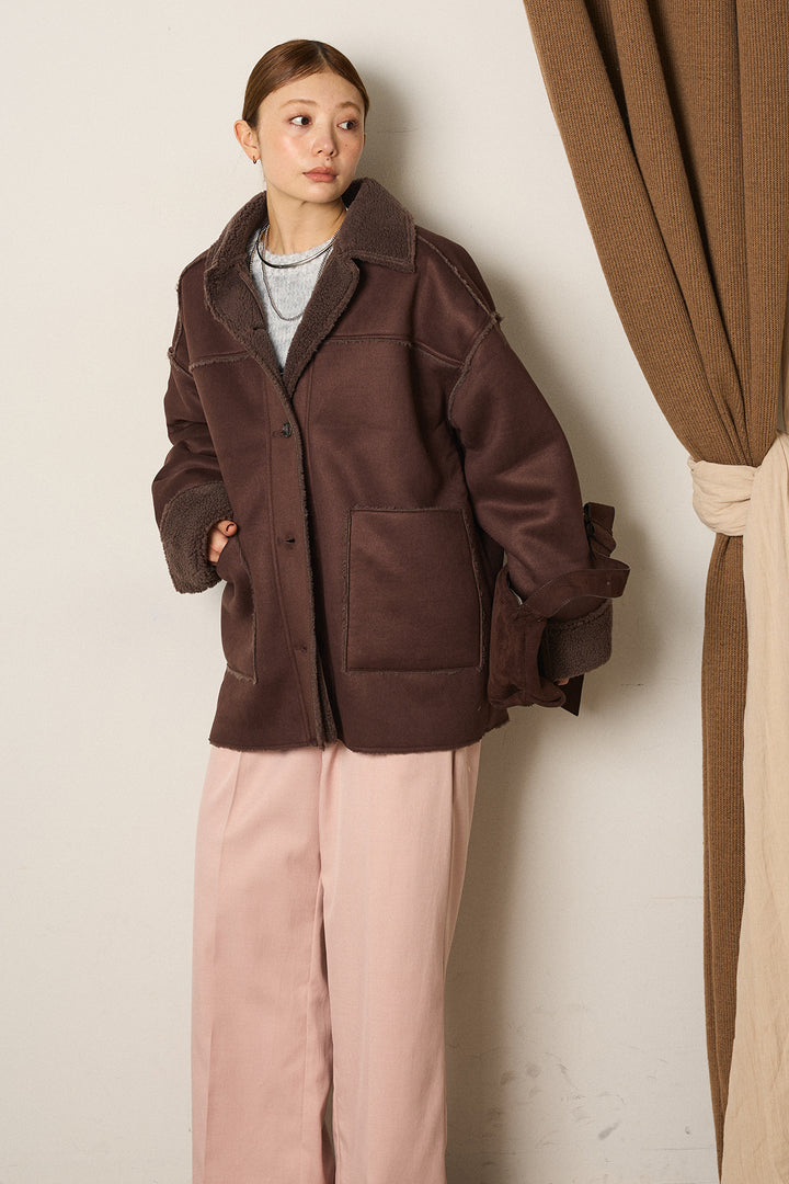 エコムートンミドルカバーオールジャケット/ブラウン