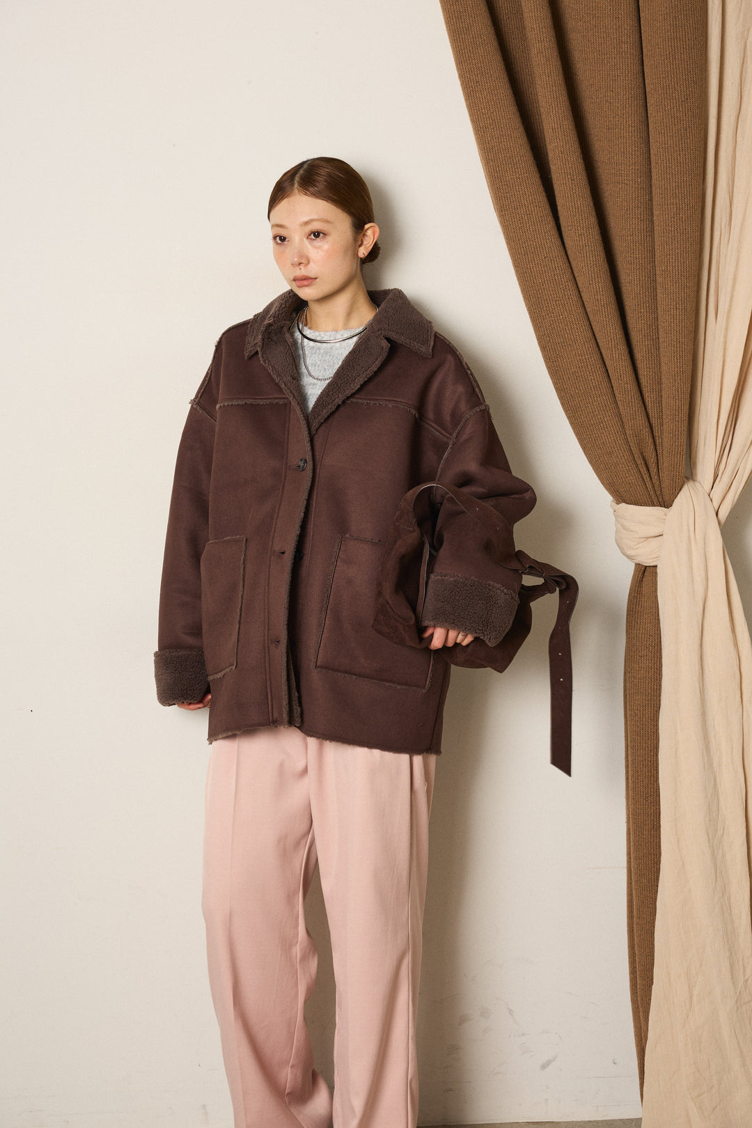 エコムートンミドルカバーオールジャケット/ブラウン