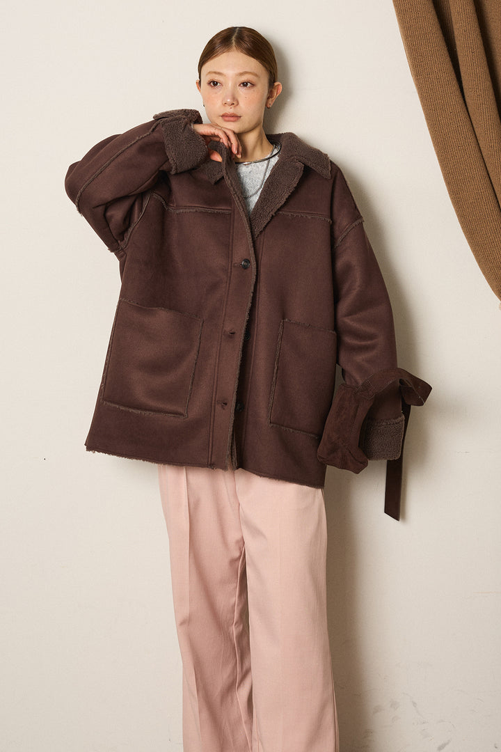 エコムートンミドルカバーオールジャケット/ブラウン