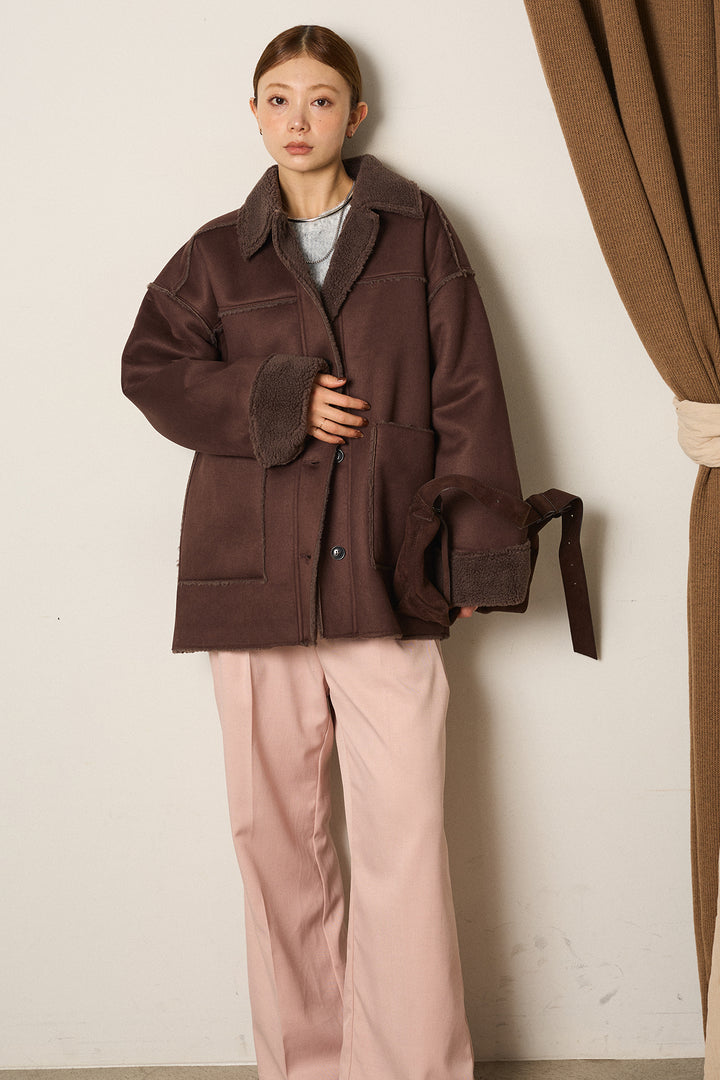 エコムートンミドルカバーオールジャケット/ブラウン