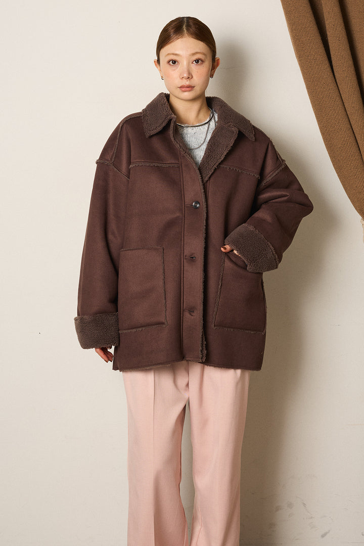 エコムートンミドルカバーオールジャケット/ブラウン