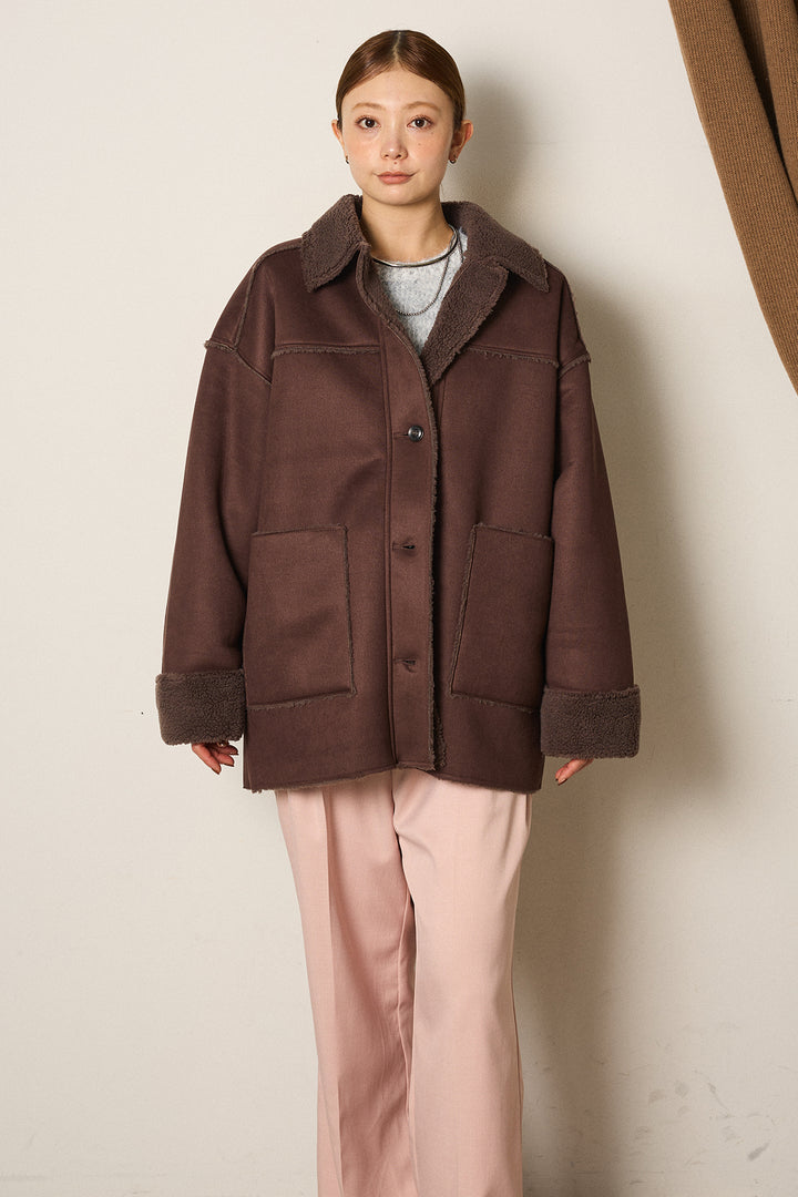エコムートンミドルカバーオールジャケット/ブラウン