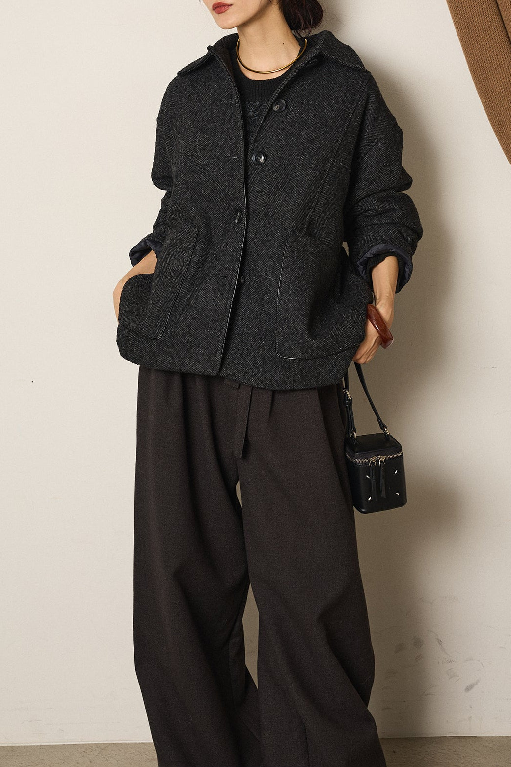 ネップヘリンボーン合皮パイピングカバーオール/チャコール