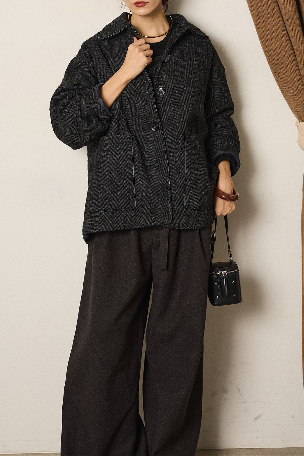 ネップヘリンボーン合皮パイピングカバーオール/チャコール