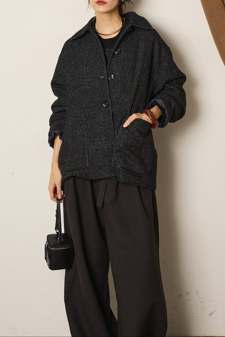 ネップヘリンボーン合皮パイピングカバーオール/チャコール