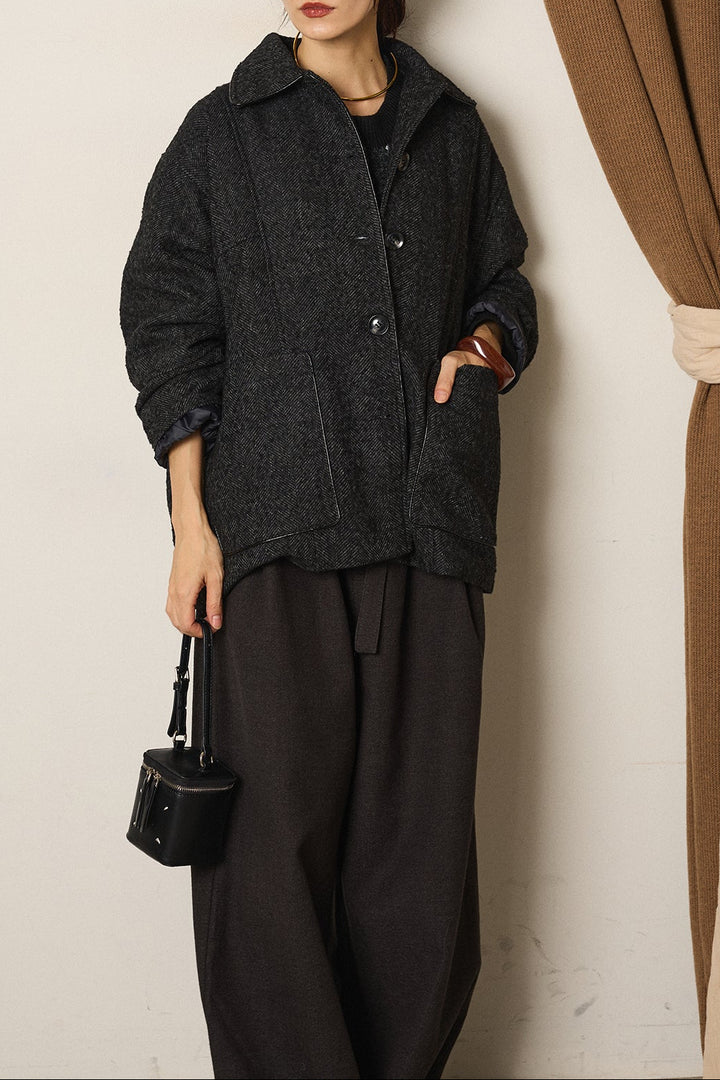 ネップヘリンボーン合皮パイピングカバーオール/チャコール