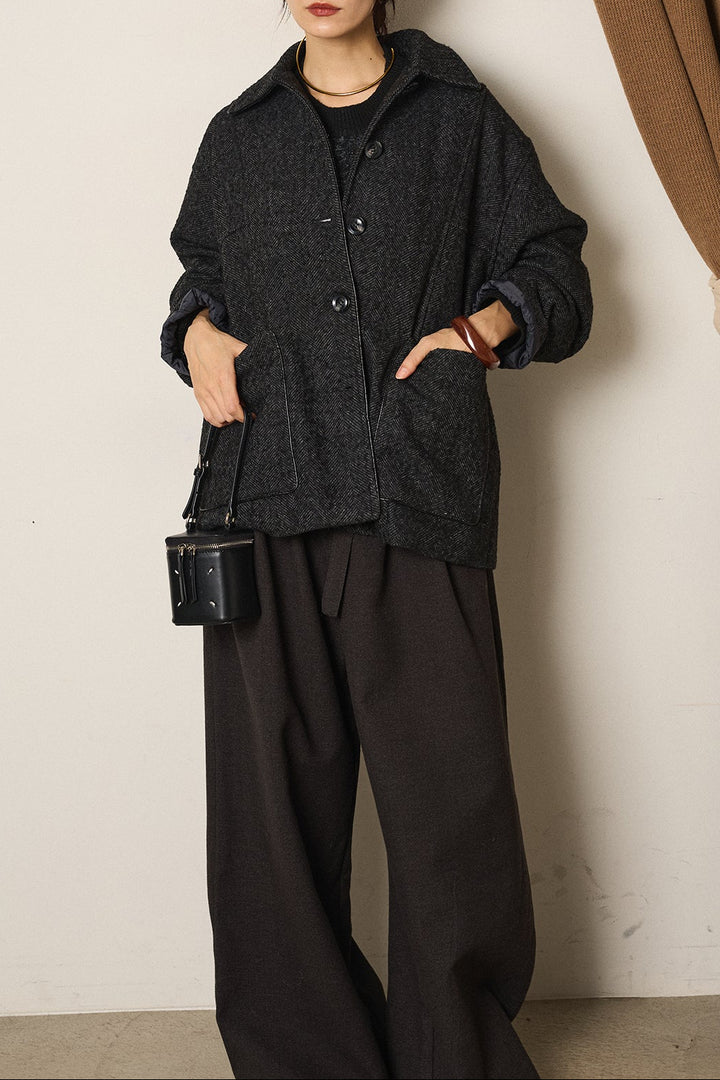 ネップヘリンボーン合皮パイピングカバーオール/チャコール