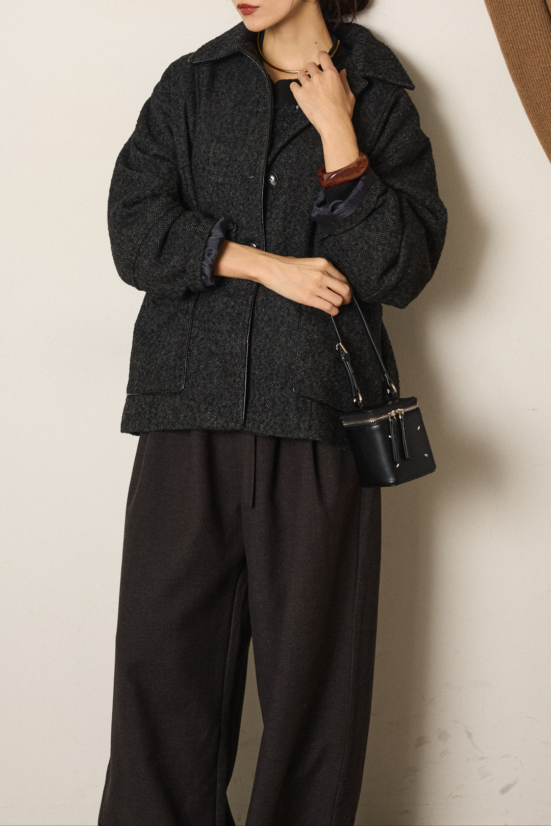 ネップヘリンボーン合皮パイピングカバーオール/チャコール