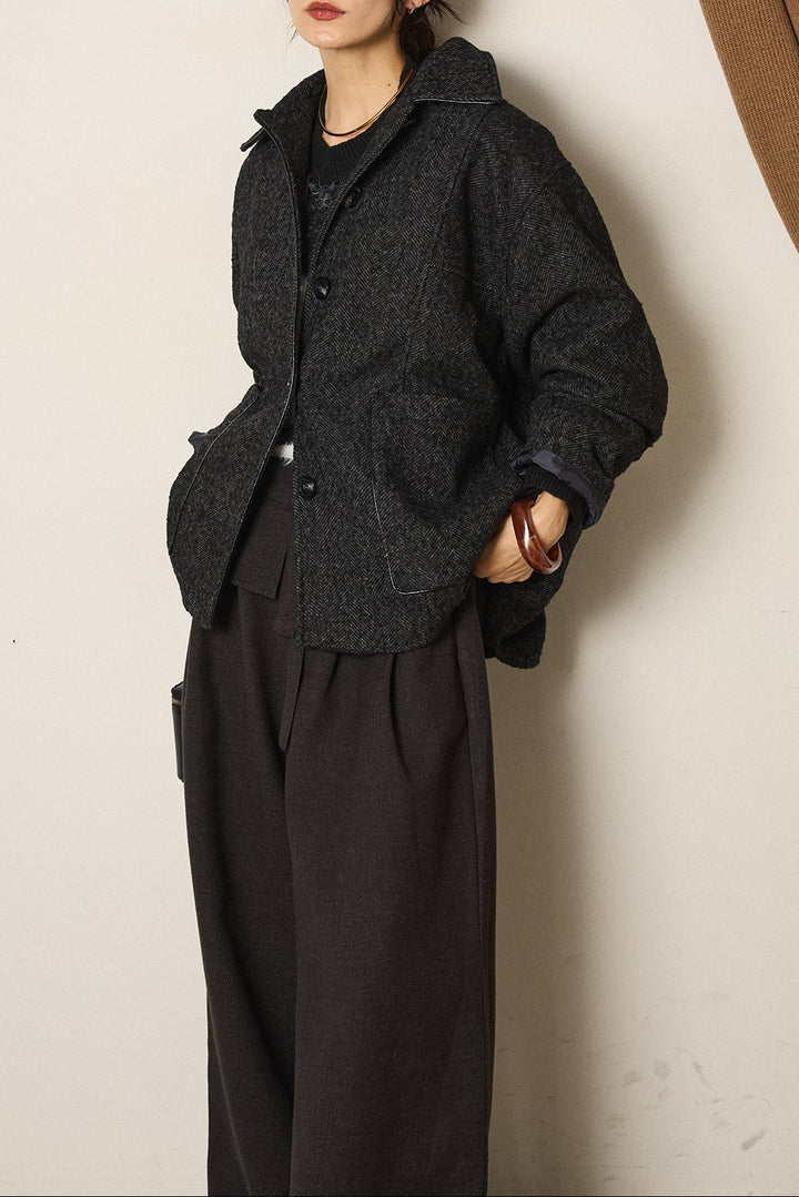 ネップヘリンボーン合皮パイピングカバーオール/チャコール