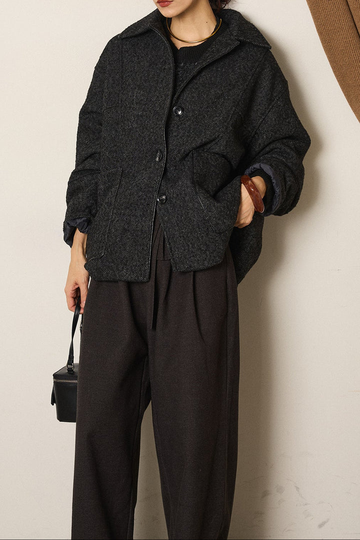 ネップヘリンボーン合皮パイピングカバーオール/チャコール