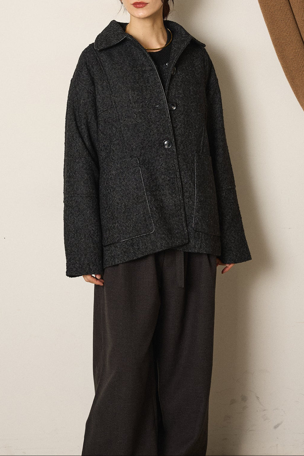 ネップヘリンボーン合皮パイピングカバーオール/チャコール