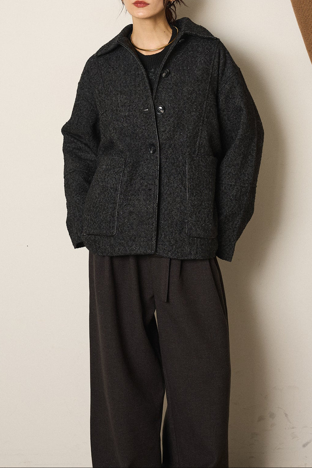 ネップヘリンボーン合皮パイピングカバーオール/チャコール