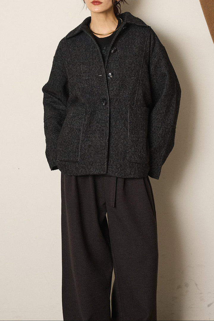 ネップヘリンボーン合皮パイピングカバーオール/チャコール