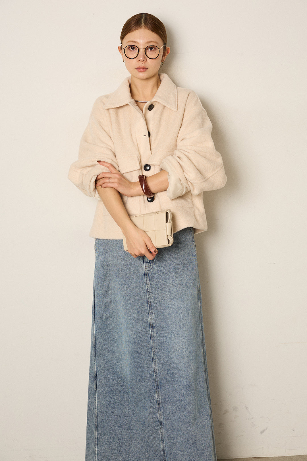 スライバーニットショートステンカラーコート/アイボリー