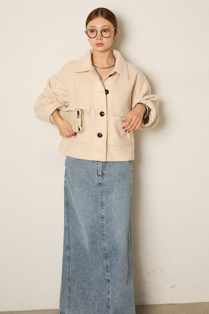 スライバーニットショートステンカラーコート/アイボリー