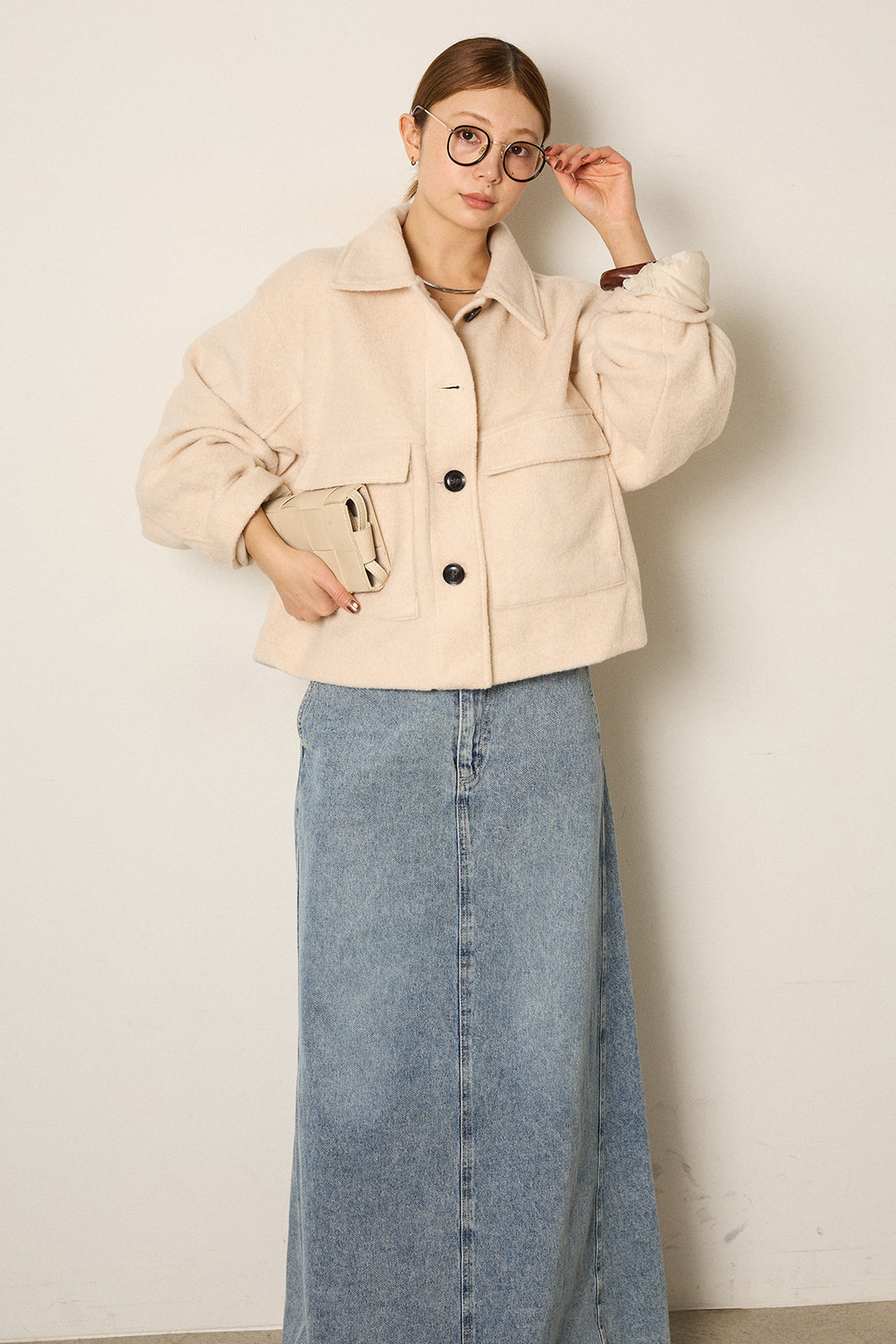 スライバーニットショートステンカラーコート/アイボリー