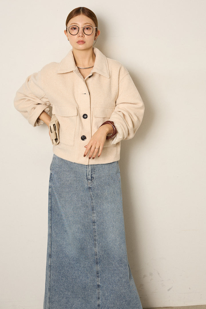 スライバーニットショートステンカラーコート/アイボリー