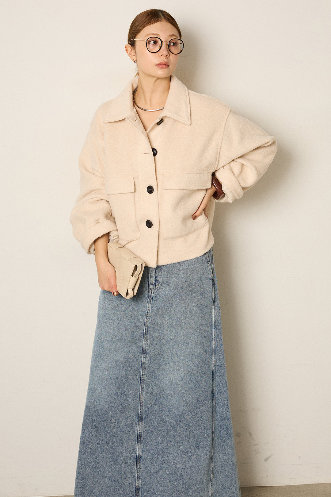 スライバーニットショートステンカラーコート/アイボリー