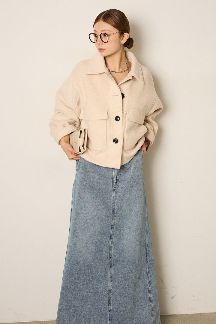 スライバーニットショートステンカラーコート/アイボリー