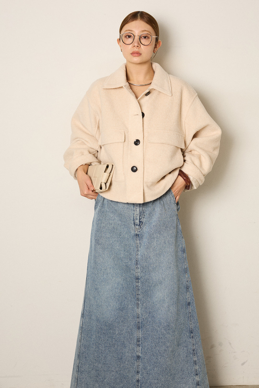 スライバーニットショートステンカラーコート/アイボリー