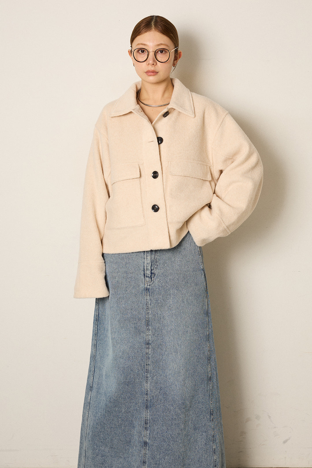 スライバーニットショートステンカラーコート/アイボリー