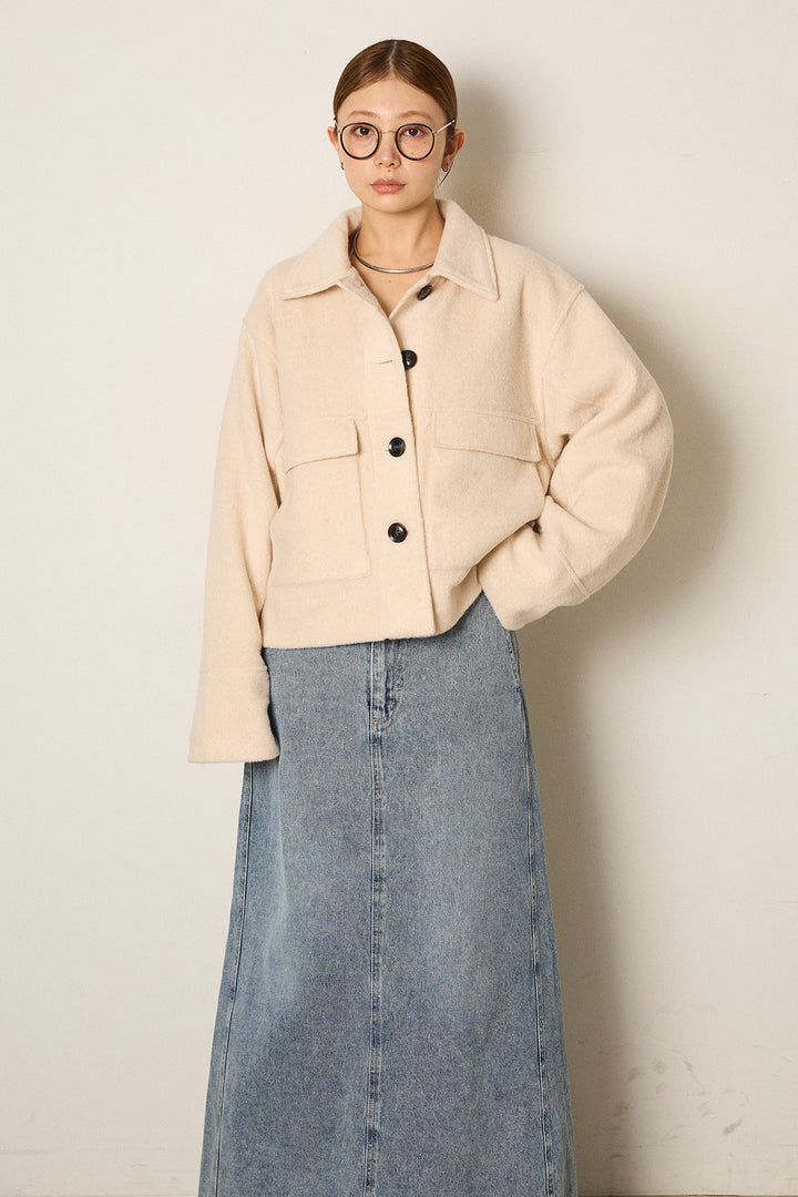 スライバーニットショートステンカラーコート/アイボリー