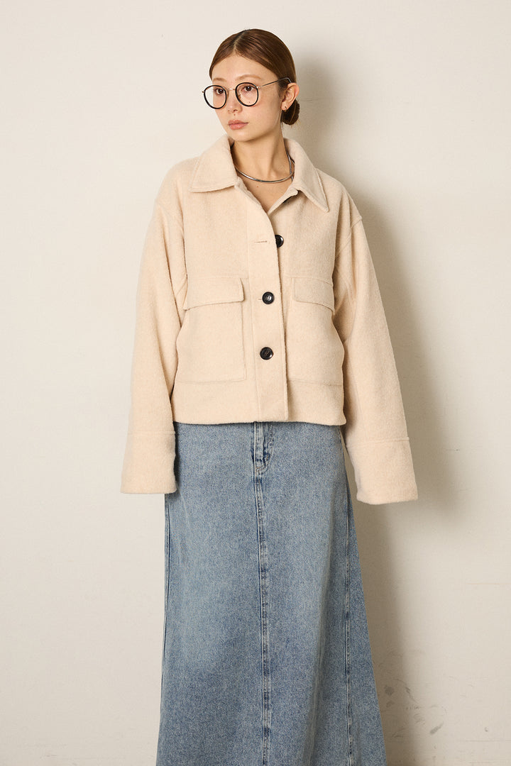 スライバーニットショートステンカラーコート/アイボリー