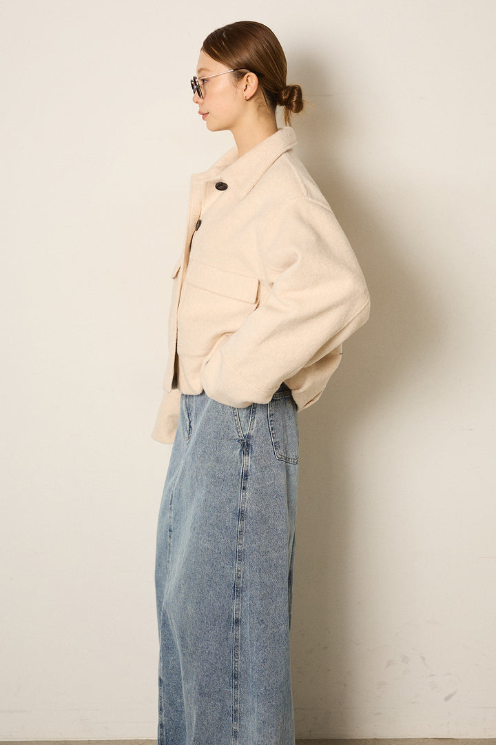 スライバーニットショートステンカラーコート/アイボリー