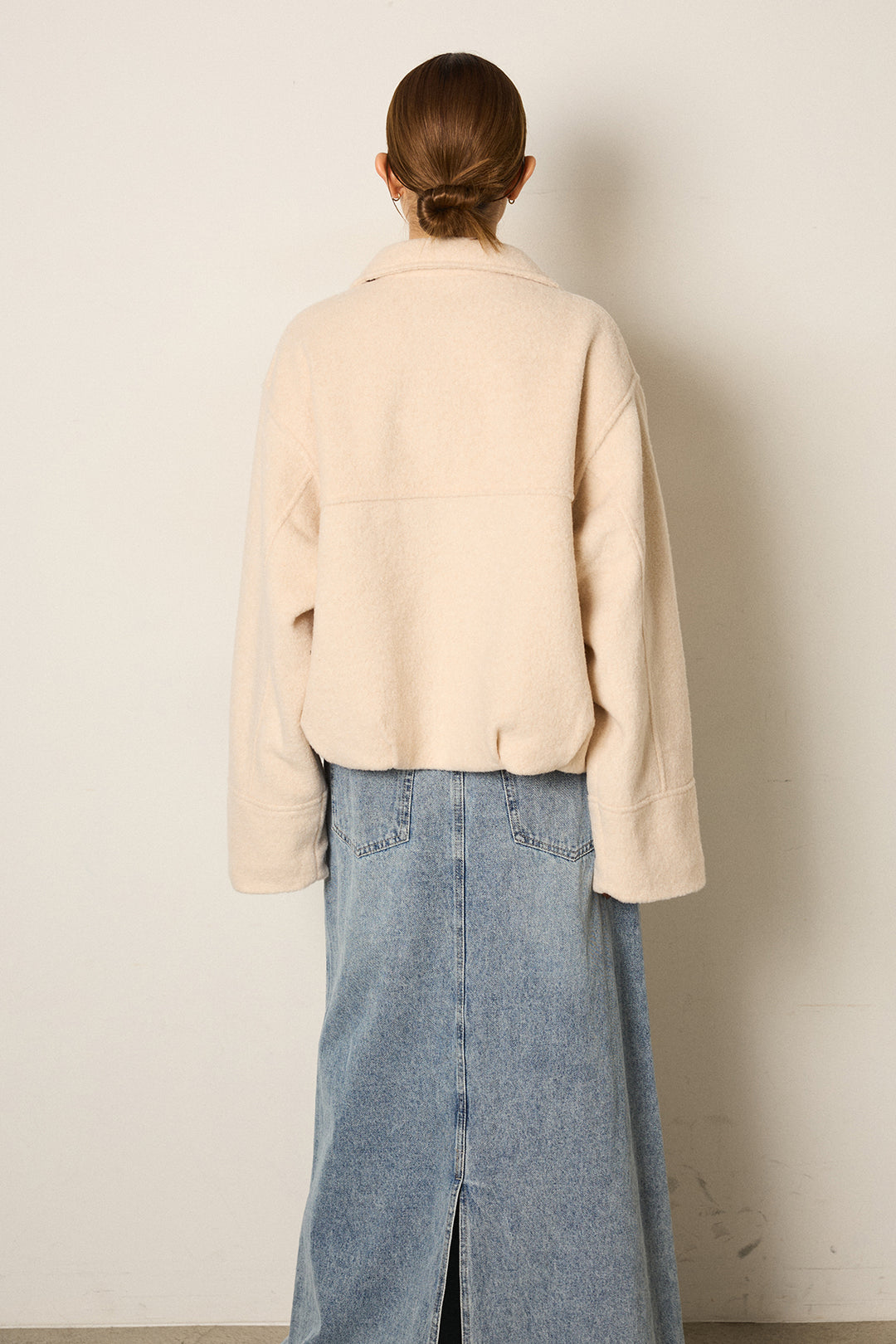 スライバーニットショートステンカラーコート/アイボリー