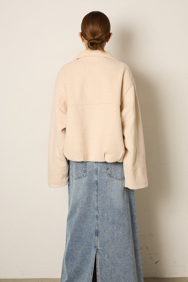 スライバーニットショートステンカラーコート/アイボリー