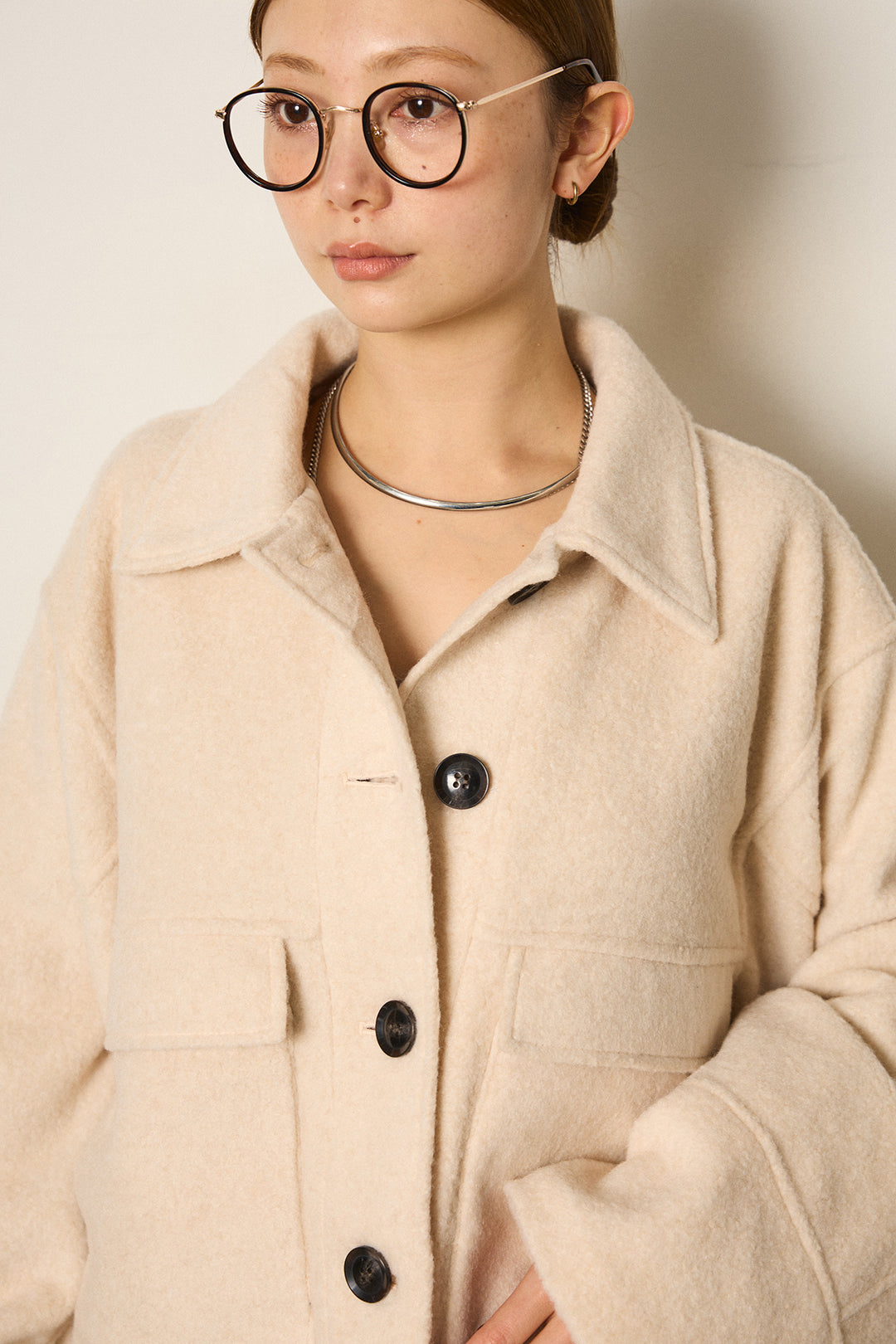 スライバーニットショートステンカラーコート/アイボリー