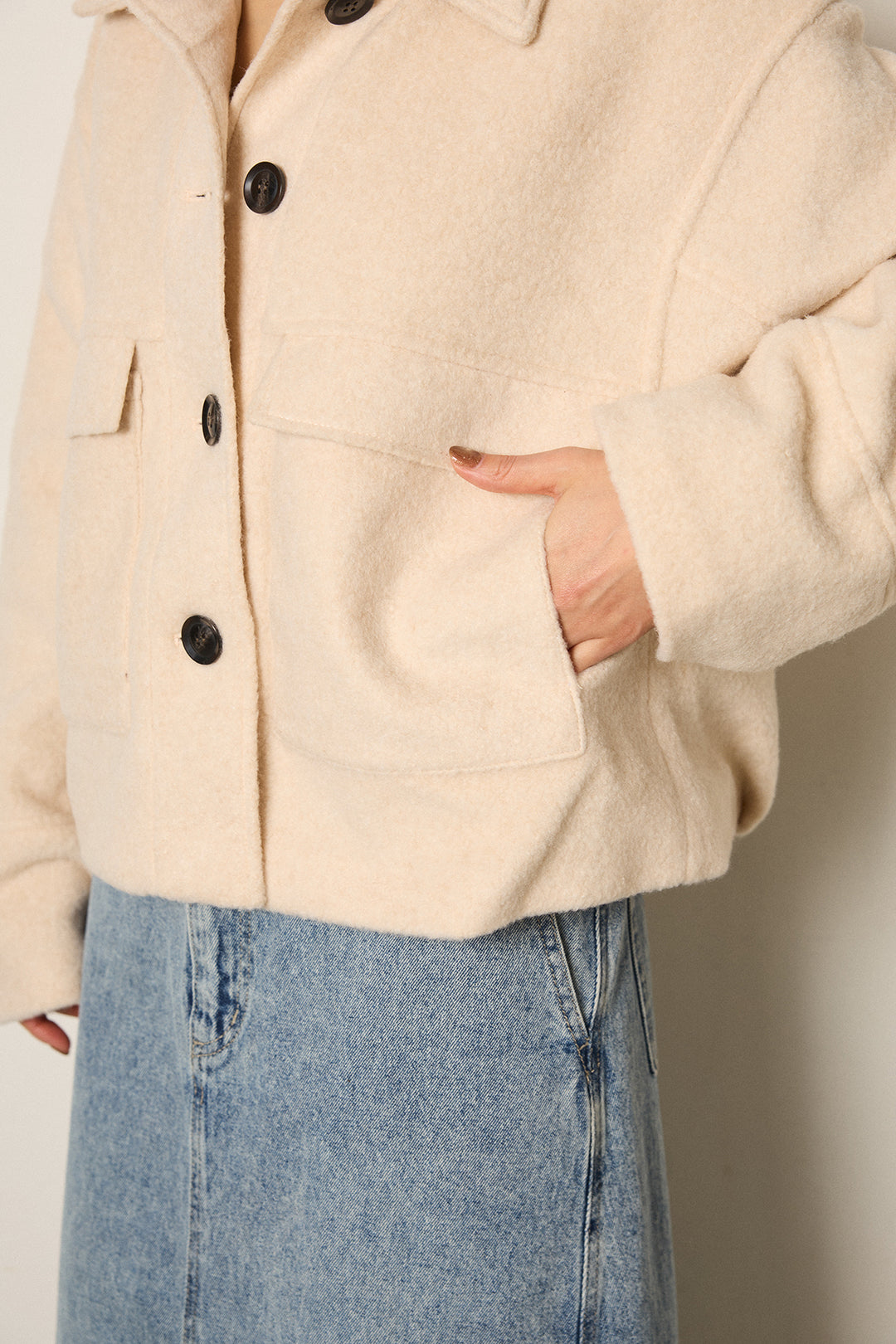 スライバーニットショートステンカラーコート/アイボリー