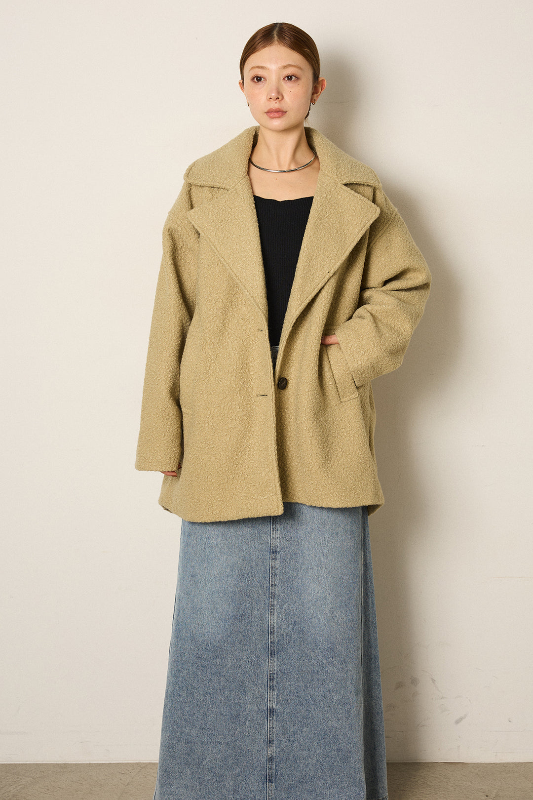 【即納】ループツイードタックジャケット/オリーブ