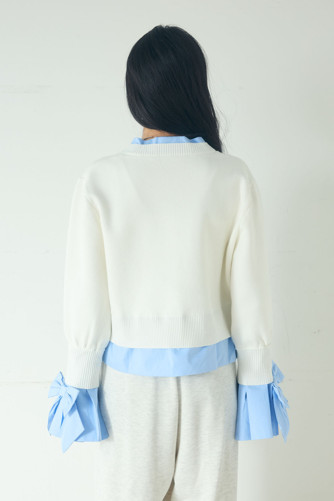 袖リボンシャツドッキングニットカーディガン