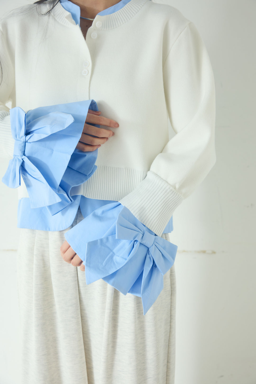 袖リボンシャツドッキングニットカーディガン