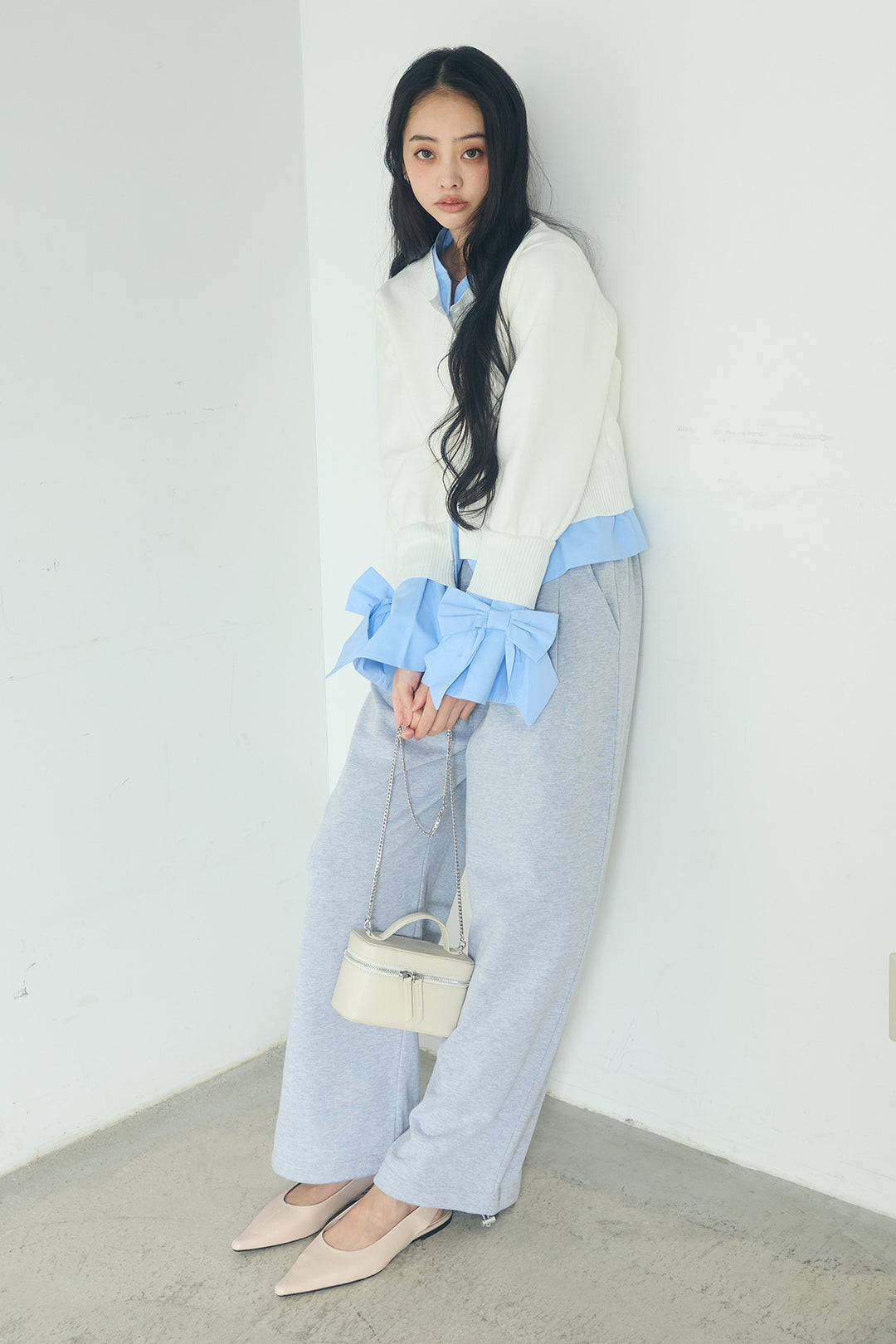 [SET]袖リボンシャツドッキングニットカーディガン+裏毛スウェット2タックパンツ(2set)