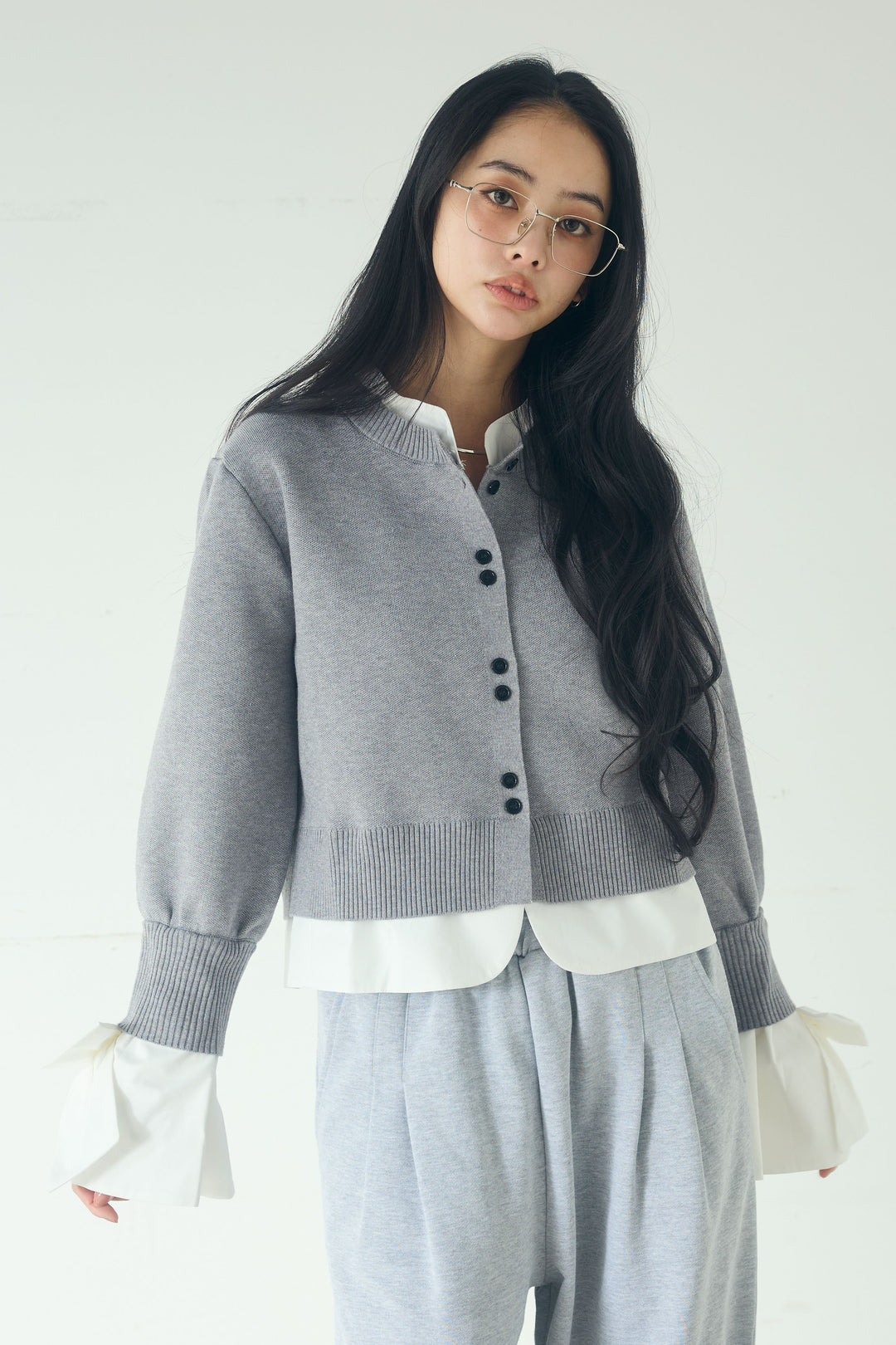袖リボンシャツドッキングニットカーディガン