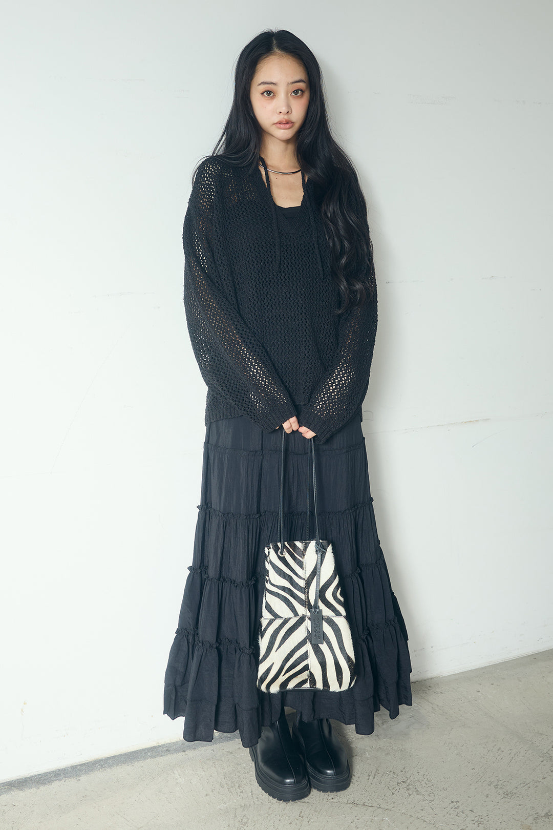 [SET]ミックスメッシュキーネックプルオーバー+ギャザーティアードマキシスカート(2set)