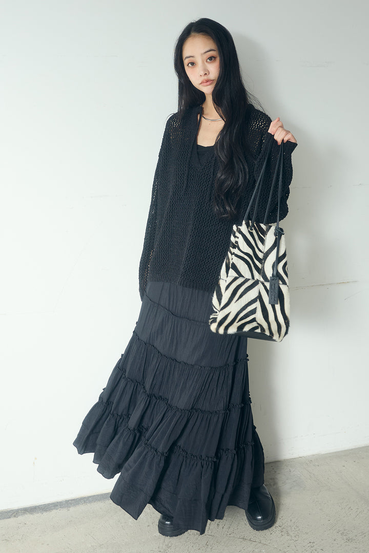 [SET]ミックスメッシュキーネックプルオーバー+ギャザーティアードマキシスカート(2set)