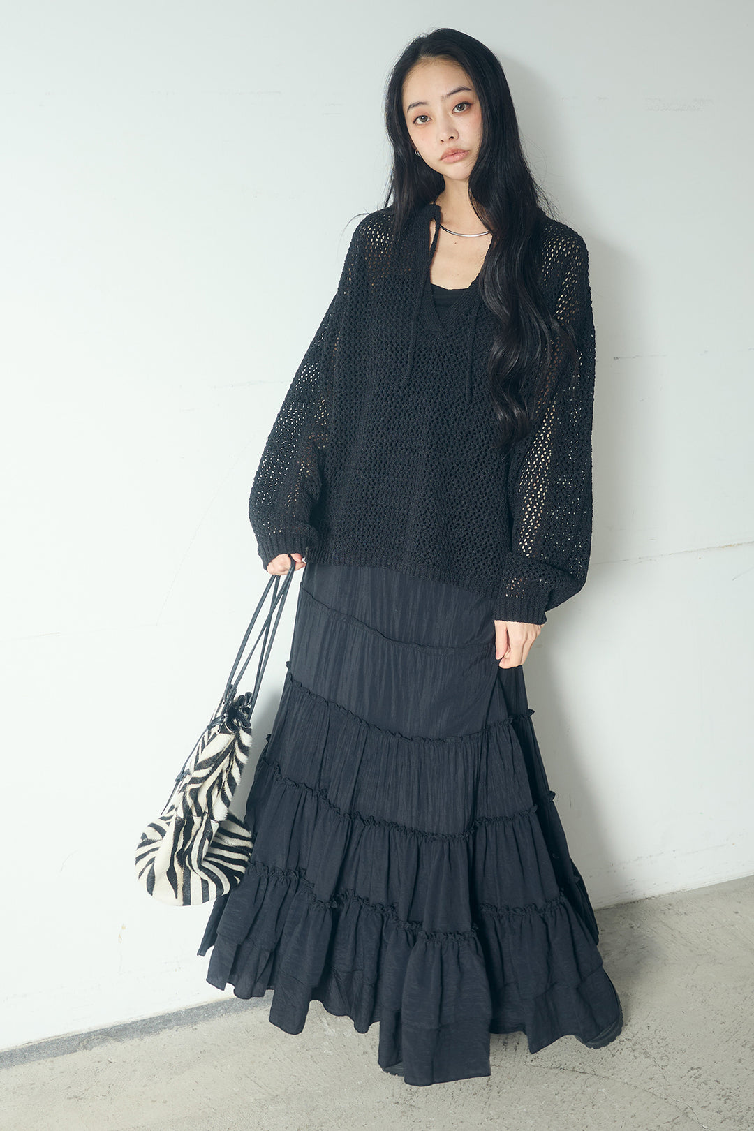 [SET]ミックスメッシュキーネックプルオーバー+ギャザーティアードマキシスカート(2set)