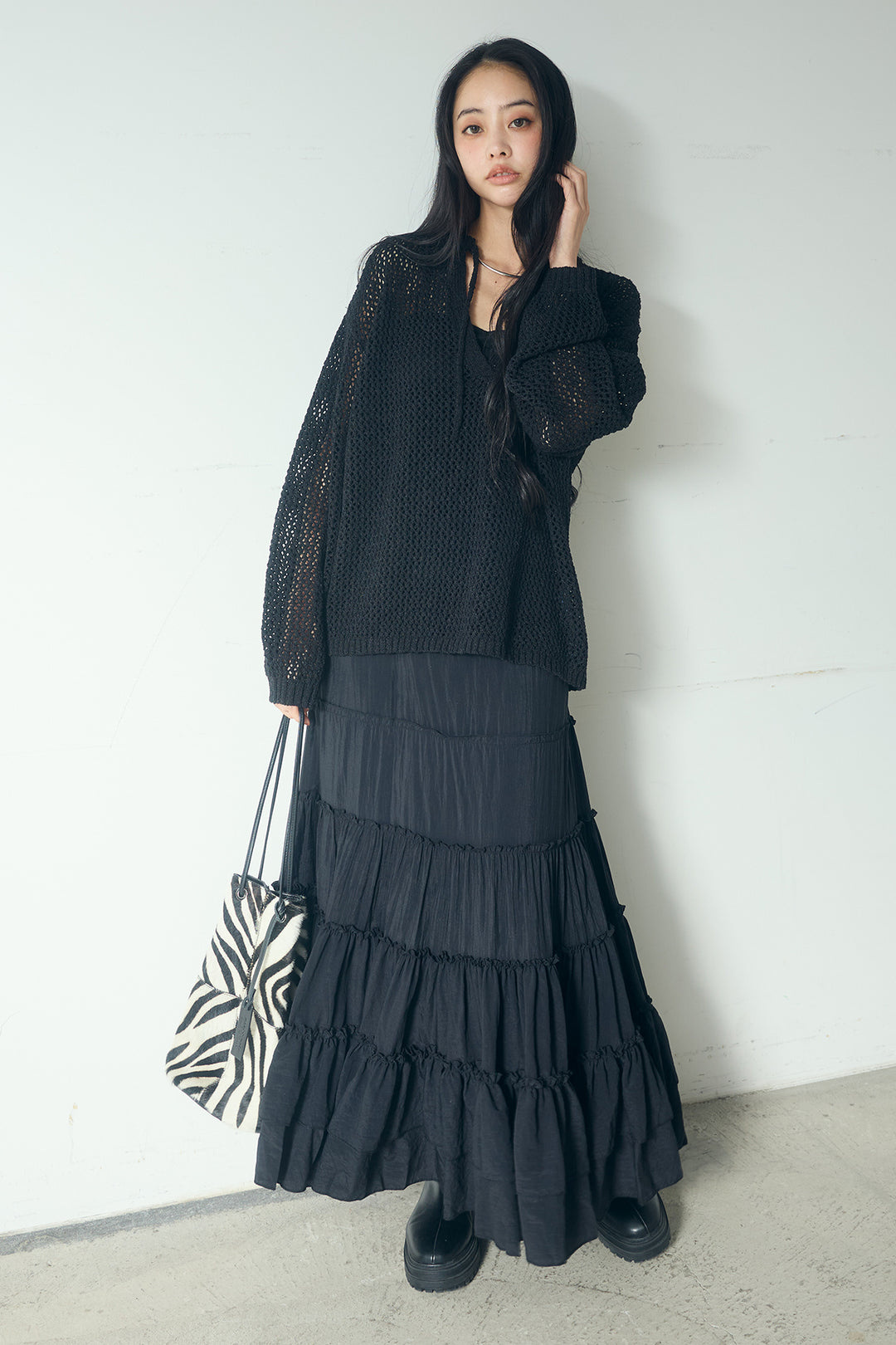 [SET]ミックスメッシュキーネックプルオーバー+ギャザーティアードマキシスカート(2set)