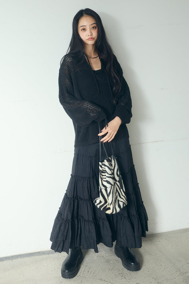 [SET]ミックスメッシュキーネックプルオーバー+ギャザーティアードマキシスカート(2set)
