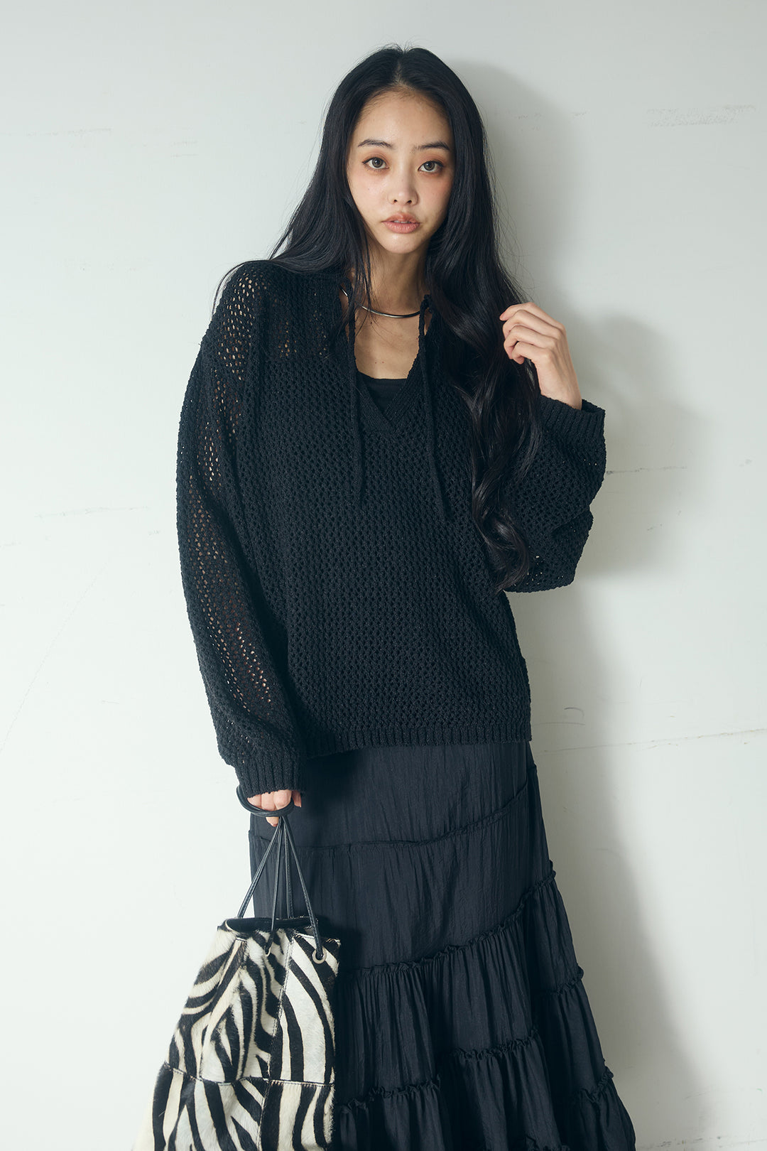 [SET]ミックスメッシュキーネックプルオーバー+ギャザーティアードマキシスカート(2set)