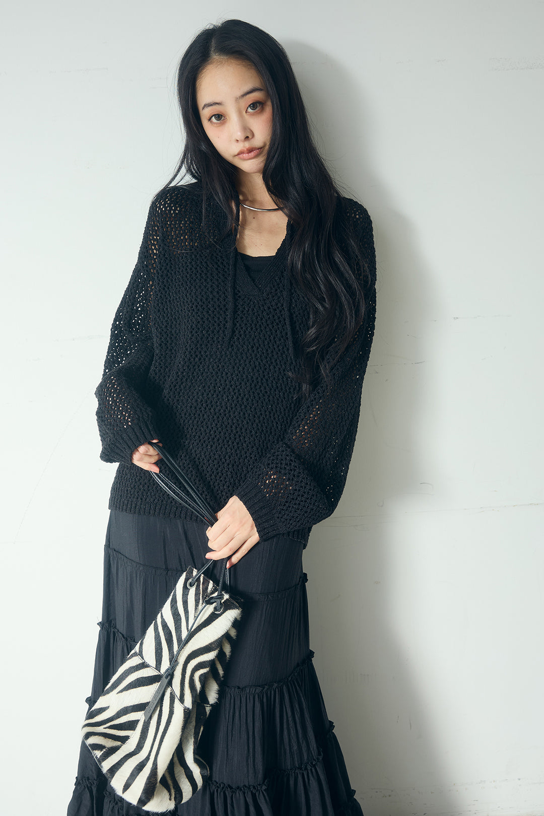 [SET]ミックスメッシュキーネックプルオーバー+ギャザーティアードマキシスカート(2set)