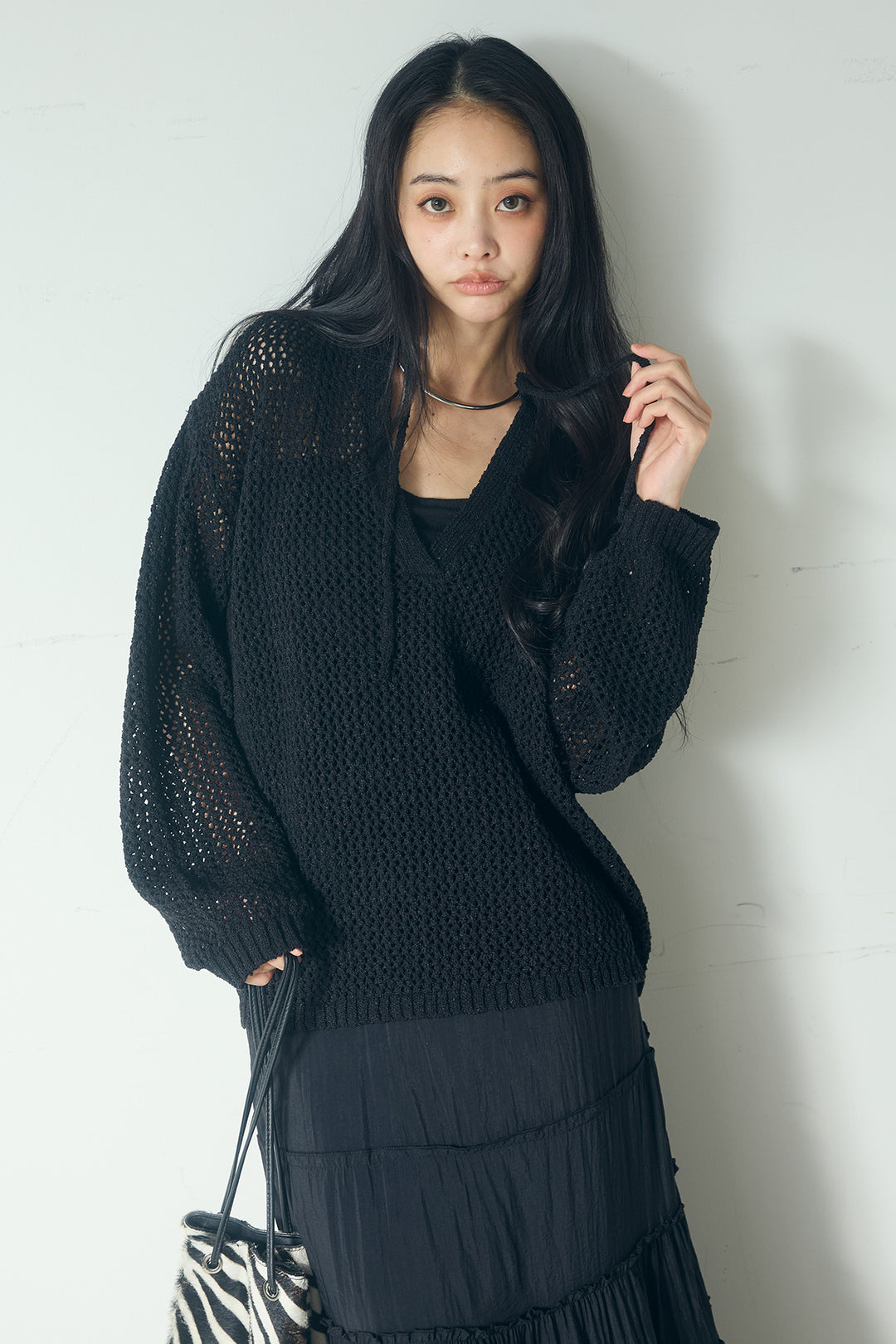 [SET]ミックスメッシュキーネックプルオーバー+ギャザーティアードマキシスカート(2set)