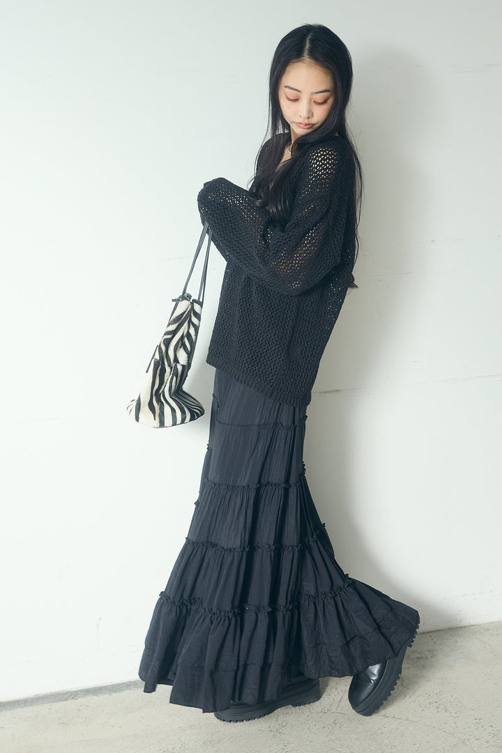 [SET]ミックスメッシュキーネックプルオーバー+ギャザーティアードマキシスカート(2set)