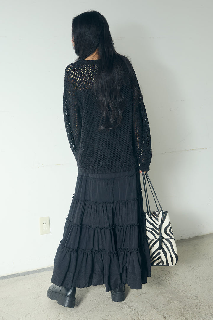 [SET]ミックスメッシュキーネックプルオーバー+ギャザーティアードマキシスカート(2set)